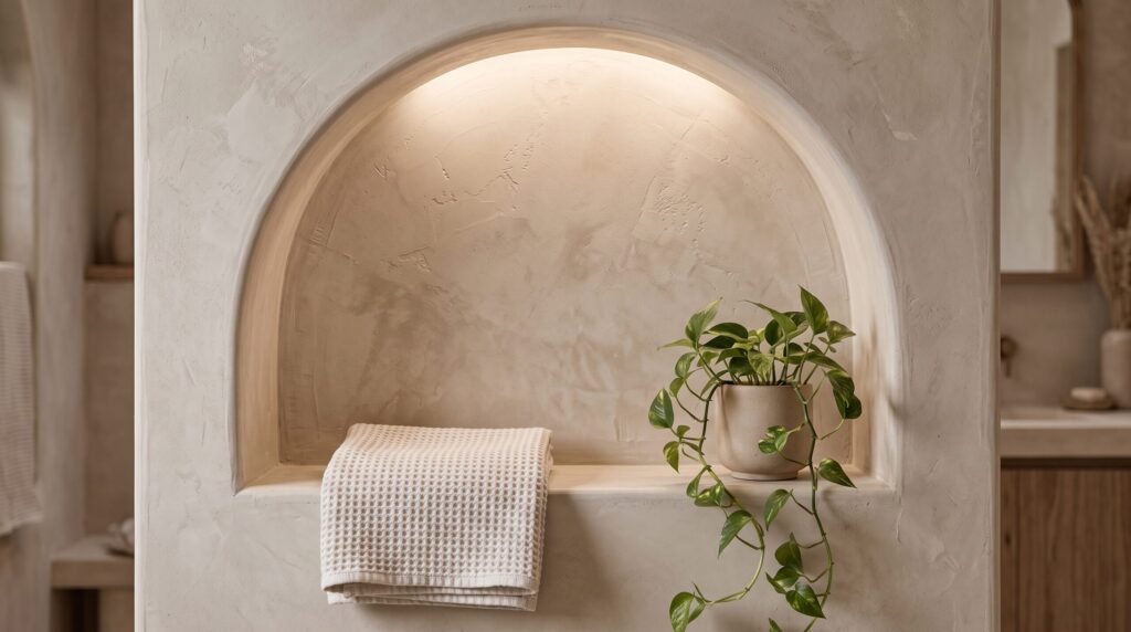 Recessed arched wall niche with textured Venetian plaster finish holding bath accessories