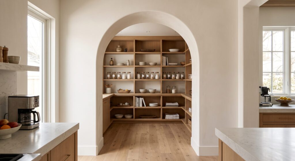 Framed drywall arched doorway leading into a modern kitchen pantry with wooden shelves