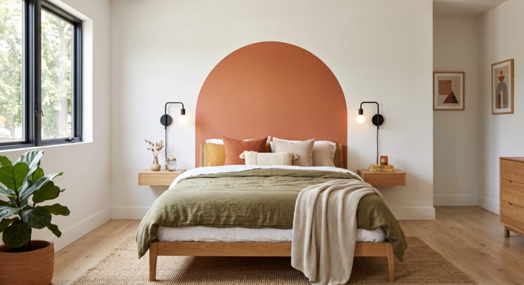 Painted terracotta arch wall acting as a faux headboard behind a modern low-profile bed